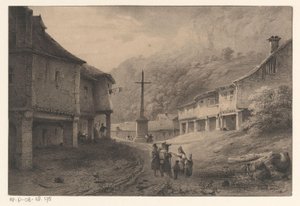 Berglandschap met figuren en koeien door Anonymous