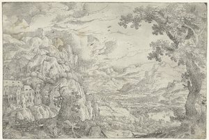 Berglandschap met geknotte boom door Anonymous