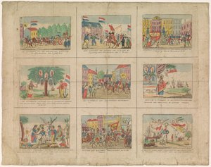 Blad met 9 voorstellingen van historische gebeurtenissen in de jaren 1813-1814