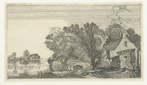Boerderij tussen bomen aan een rivier door Anonymous