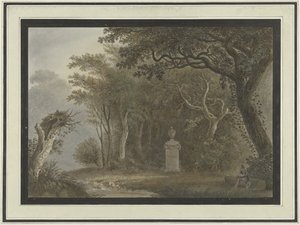 Boslandschap met monument voor Salomon Gessner door Anonymous