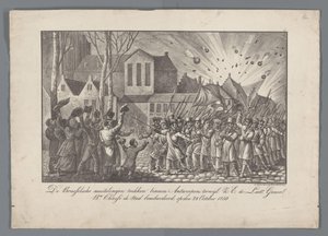 De Brusselsche muitelingen trekken binnen Antwerpen, terwijl Z.E. de Luit Generl. Bn. Chassé de stad bombardeerd, op den 28 October 1830