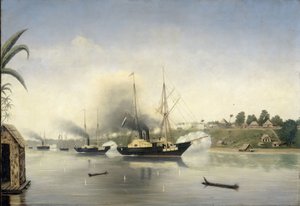 De beschieting van de Kraton van de Sultan van Djambi door de gouvernementsmarineschepen 