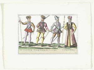 Drie Spaanse militairen in uniform en een marketentster, ca. 1580 door Anonymous