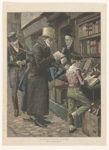Drie mannen en een jongen voor de uitstalling van een boekhandel, de eigenaar in de deuropening door Anonymous