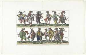 Dubbele plaat met dertien gewapende burgers in uniform volgens de mode in Antwerpen, ca. 1580 door Anonymous