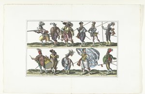 Dubbele plaat met elf gewapende burgers in uniform volgens de mode in Antwerpen, ca. 1580 door Anonymous