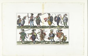 Dubbele plaat met twaalf gewapende burgers in uniform volgens de mode in Antwerpen, ca. 1580 door Anonymous