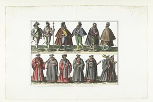 Dubbele plaat met twaalf mannen gekleed volgens de Franse mode, ca. 1580 door Anonymous