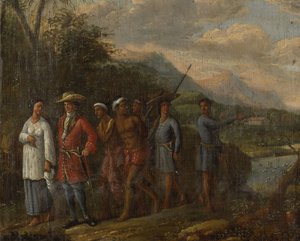Nederlandse koopman met slaven in een heuvelachtig gebied in Oost-Indië door Anonymous