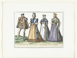 Een man en drie vrouwen gekleed volgens de Duitse mode in Danzig, ca. 1580