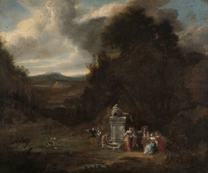 Elegant gezelschap bij een antieke fontein in een open plek