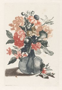 Vijf prenten van bloemen in glazen vazen