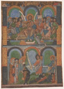 Fragment van een liturgisch boek: het Laatste Avondmaal en de drie vrouwen bij het lege graf