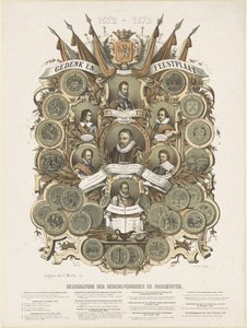 Gedenk- en feestplaat met portretten van Willem I, prins van Oranje, zijn zoons Maurits en Frederik Hendrik, prinsen van Oranje, zijn broers Lodewijk, Adolf en Hendrik, graven van Nassau, en Willem Bloys van Treslong door Anonymous