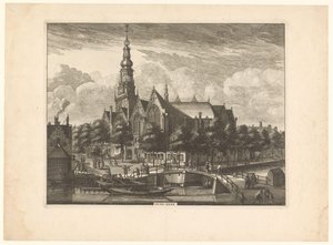 Gezicht op de Oude Kerk te Amsterdam vanaf de Oudezijds Voorburgwal