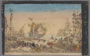 Gezicht op de haven te Rochefort met het aflopen van het schip de Duc de Bourgogne op 20 oktober 1751 door Anonymous