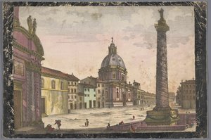 Gezicht op de kerk Santa Maria di Loreto en de Zuil van Trajanus te Rome