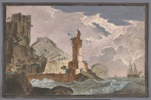 Gezicht op een haven met de ruïne van een toren aan de waterkant