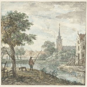 Gezicht op een stad met op de voorgrond een hengelaar