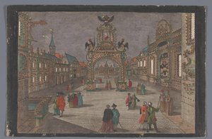 Gezicht op een triomfboog met een tweekoppige adelaar en een portretbuste van Jozef II, Duits keizer, te Frankfurt am Main