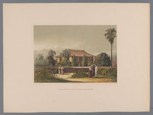 Gezicht op het huis van de arts van Deshima, met op de voorgrond de botanische tuin door Anonymous