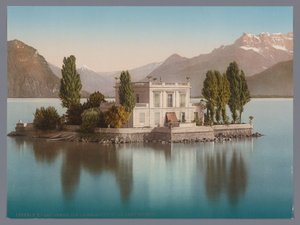 Gezicht op Île de Salagnon in het Meer van Genève, op de achtergrond de Dents du Midi door Anonymous