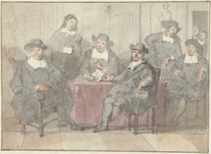 Groepsportret van zes heren zittend en staand rond een tafel door Anonymous