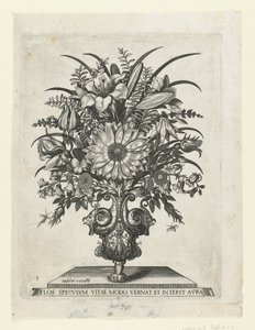Groteske vaas met bloemen, waaronder een zonnebloem door Anonymous