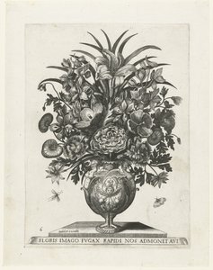 Groteske vaas met een cherubijntje en guirlandes (Vazen met bloemen) door Anonymous