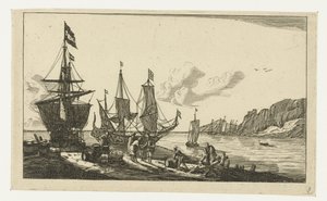 Haven met zeilschepen en zeelieden op de kade