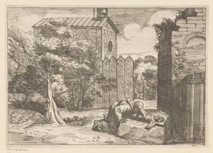 Heilige knielend bij een crucifix