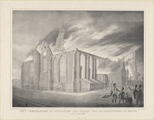 Het verbranden en instorten des torens van de Groote-Kerk te Hoorn, op den 3. Augustus 1838 door Anonymous