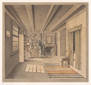 Interieur met een boekverkoper