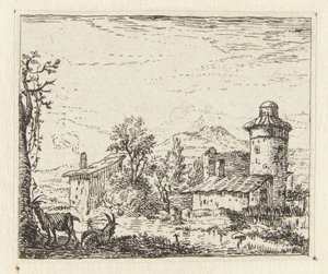 Italianiserend landschap met ronde toren en twee geiten