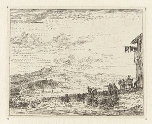 Italianiserend landschap met wagen bij herberg door Anonymous