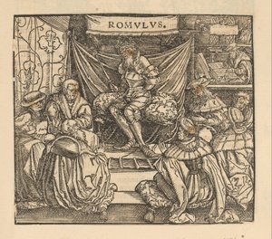 Julius Caesar in een raadsvergadering en Cicero schrijvend achteraan door Anonymous