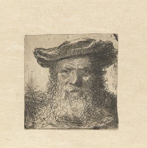 Kop van een oude man met baard en hoed door Anonymous