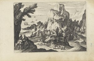 Kustlandschap met een hoge berg (Landschappen met figuren) door Anonymous