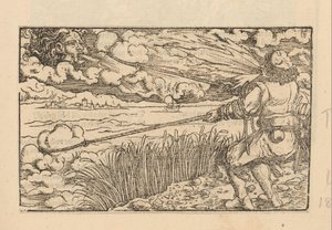 Landarbeider probeert een wolk te vangen terwijl een wolk terugblaast