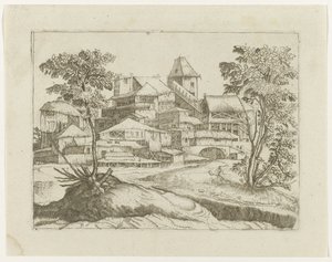 Landschap met bomen en bouwwerken door Anonymous