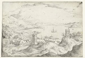 Landschap met brede rivier en dorp