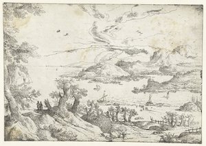 Landschap met brede rivier tussen heuvels door Anonymous