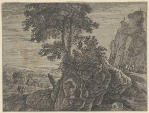 Landschap met een gebouw op een rots door Anonymous