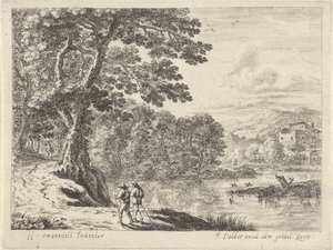 Landschap met een marskramer en wandelaars door Anonymous