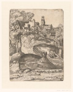Landschap met een rivier en een stad op een heuvel
