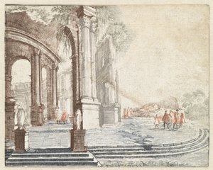 Landschap met een ronde Romeinse ruïne