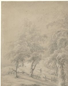 Landschap met enkele figuren op een weg achter een hek door Anonymous