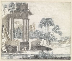 Landschap met klassieke ruïnes langs het water