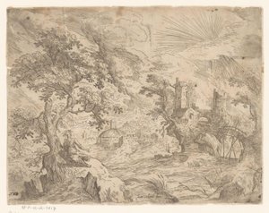 Landschap met rivier en bouwsel op rots door Anonymous
